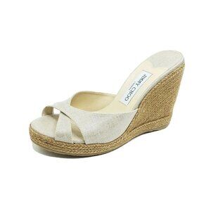 Jimmy Choo Almer Wedge Sandals Beige Linen Espadrille Heel Womens EUR 38.5/ US 8